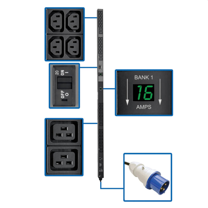Tripp Lite от Eaton 7,7kW, еднофазен локален измервателен PDU, 200-240V контакти (8 C19 и 40 C13), IEC-309 32A син вход, 10 фута (3,05 м) кабел, 0U вертикален, TAA, 70 инча.