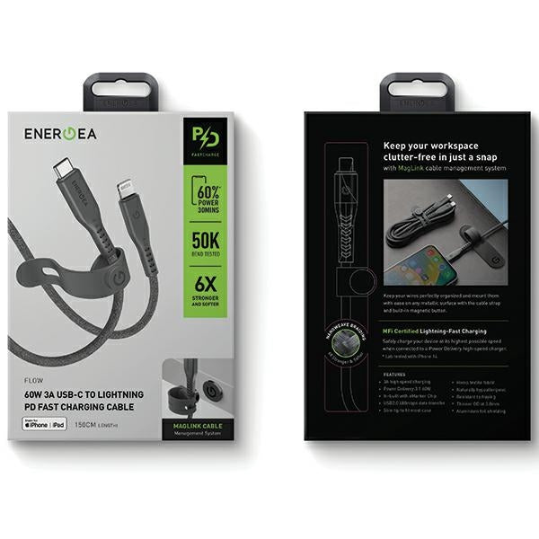 ENERGEA кабел Flow USB-C - LightningC94 MFI 1.5m, черен, 60W 3A PD Fast Charge