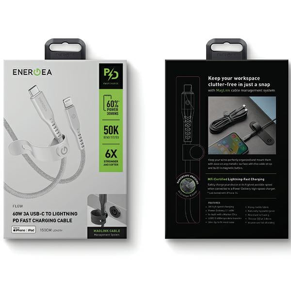 ENERGEA кабел Flow M1-M0 MFI 1.5м, бял, 60W 3A PD Fast Charge