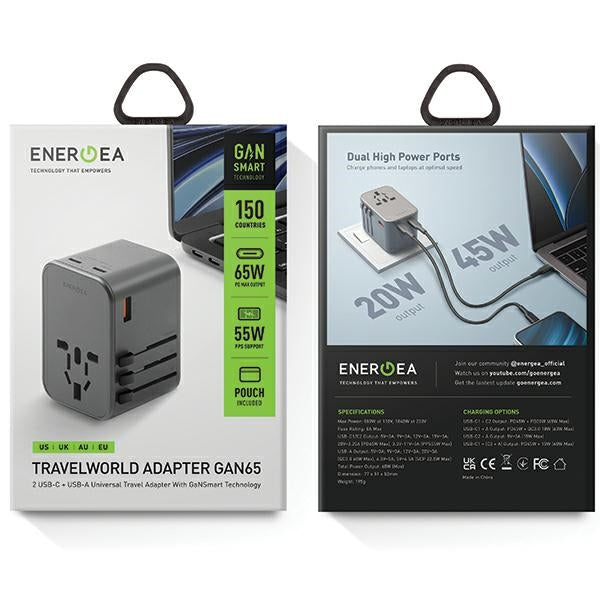 Зарядно ENERGEA 65W 4в1 адаптер US/UA/EU/UK, сив/gunmetal