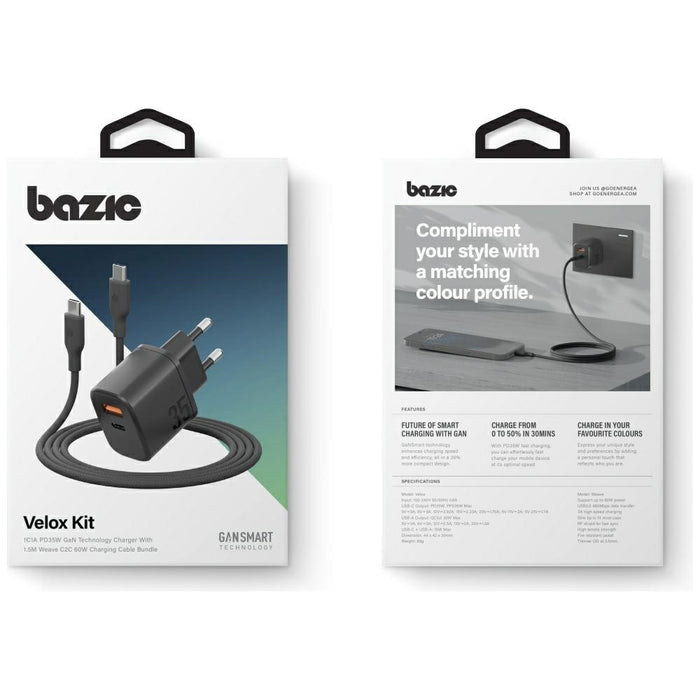 Зарядно Bazic Goport Velox Kit 1xUSB-C 1xUSB-A GaN 35W с плетен кабел, черно
