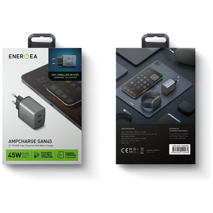 Зарядно Energea Ampcharge PD/PPS/QC3.0 45W, сиво