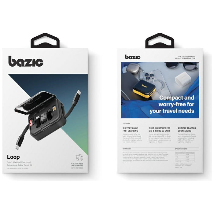 Кабел ENERGEA Bazic GoCharge Loop 5w1 Lightning, USB-A, Micro USB 1m, черен