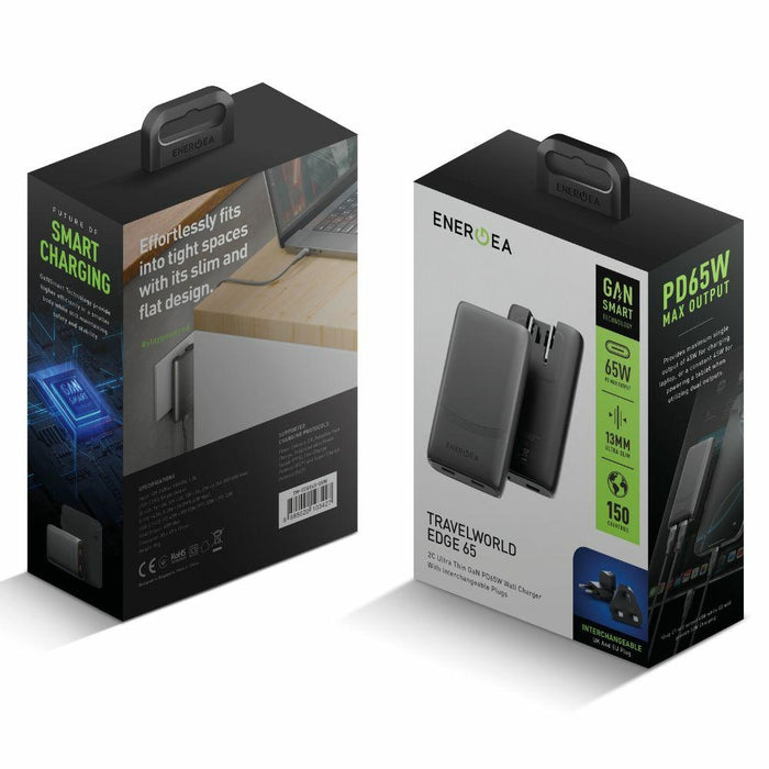 Зарядно Energea TravelWorld Edge 65W PD/PPS/QC3.0 (US/UK/EU), графитено
