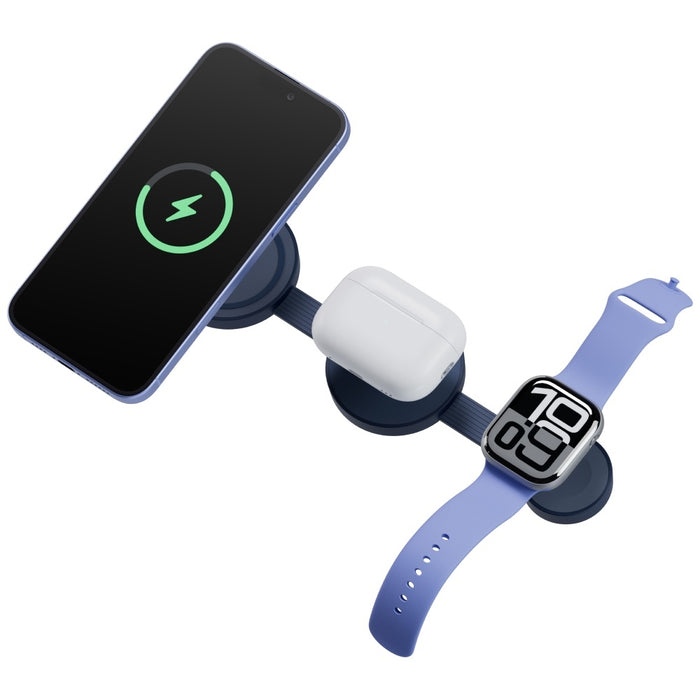 Индуктивно зарядно Energea Bazic GoMag Trio 2 3в1 15W магнитно за iPhone/Watch/AirPods, синьо