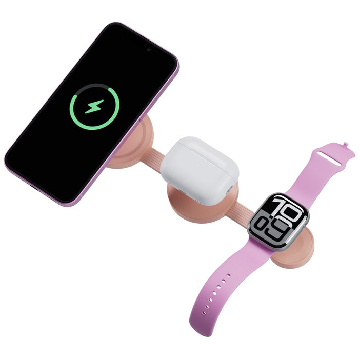 Безжично зарядно Energea Bazic GoMag Trio 2 3в1 15W магнитно за iPhone/Watch/AirPods, розово