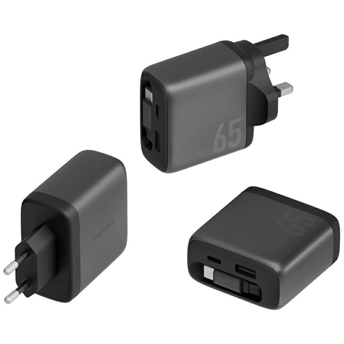 Зарядно Energea Ampcharge Arc 65 + сгъваем кабел PD/PPS/QC3.0 GaN, сив металик