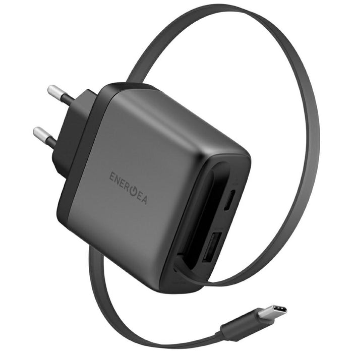 Зарядно Energea Ampcharge Arc 65 + сгъваем кабел PD/PPS/QC3.0 GaN, сив металик