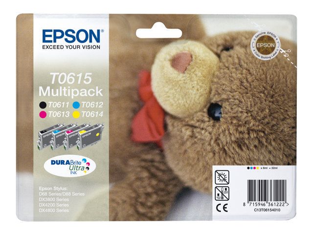 EPSON 1LB T0615 касета с мастило черна и трицветна стандартен капацитет 8 ml 250 страници 4 пакета блистер без аларма