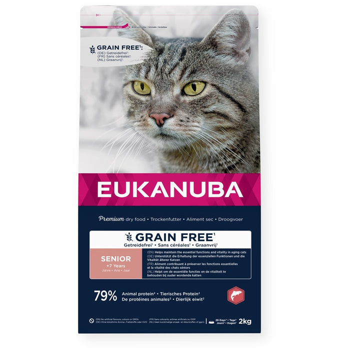 EUKANUBA Grain Free Senior Salmon - суха храна за котки - 2 кг