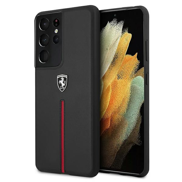 Твърд кожен калъф Ferrari FEOSIHCS21LBK S21 Ultra G998 Off Track Leather Nylon Stripe, черен