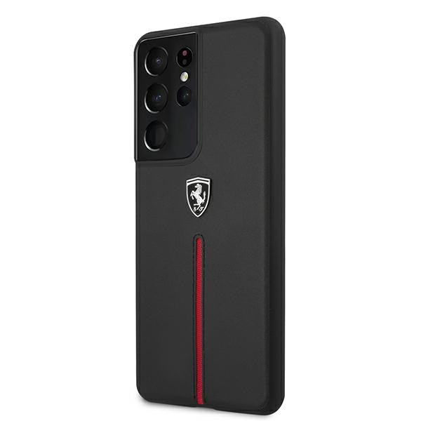 Твърд кожен калъф Ferrari FEOSIHCS21LBK S21 Ultra G998 Off Track Leather Nylon Stripe, черен