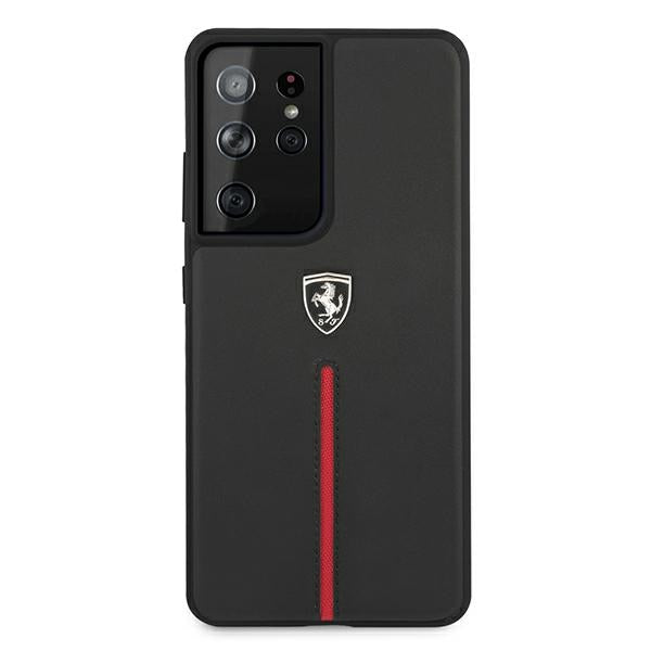 Твърд кожен калъф Ferrari FEOSIHCS21LBK S21 Ultra G998 Off Track Leather Nylon Stripe, черен