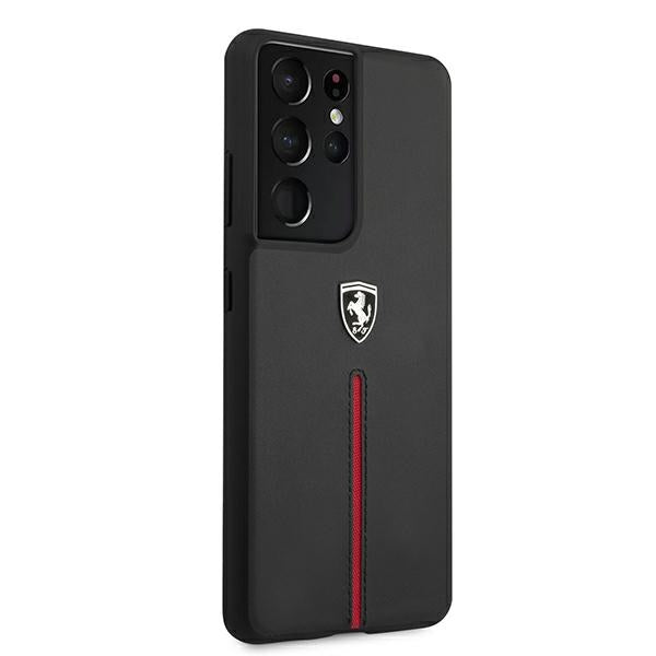 Твърд кожен калъф Ferrari FEOSIHCS21LBK S21 Ultra G998 Off Track Leather Nylon Stripe, черен