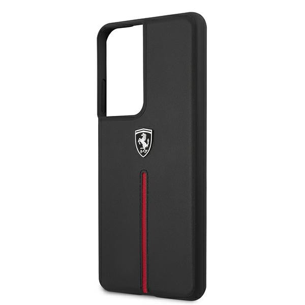 Твърд кожен калъф Ferrari FEOSIHCS21LBK S21 Ultra G998 Off Track Leather Nylon Stripe, черен