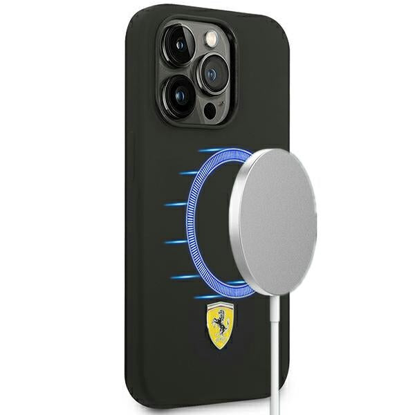 Силиконов твърд калъф Ferrari FESSIHMP14LBK Metal Logo MagSafe за iPhone 14 Pro 6,1", черен
