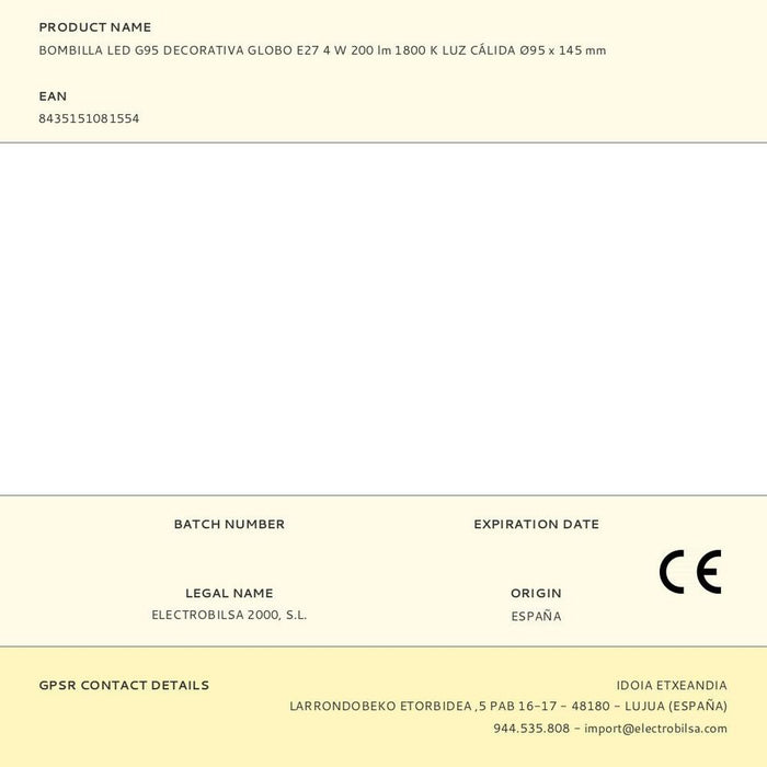 LED крушка Fbright g95 Кехлибар 4 W E27 200 Lm ø 9,5 x 14,5 cm Декоративна (1800 K)