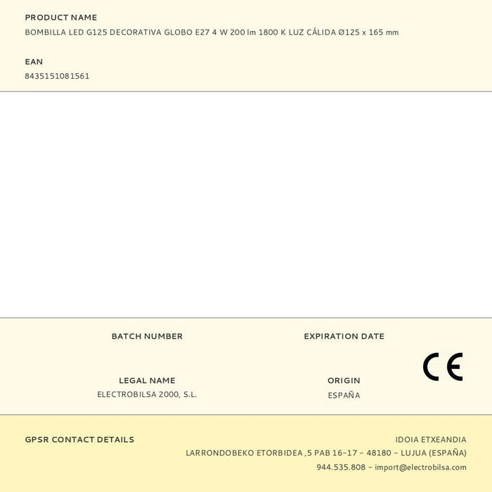 LED крушка Fbright g125 Кехлибар A 4 W E27 200 Lm Ø 12,5 x 16,5 cm Декоративна (1800 K)