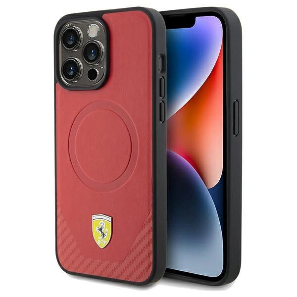 Калъф MagSafe за iPhone 15 Pro Max на Ferrari Carbon Metal - червен