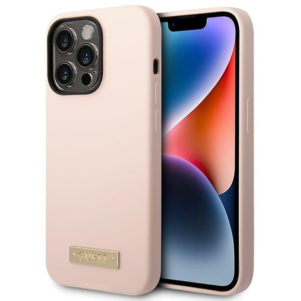 Силиконов калъф Guess GUHMP14LSBPLP Logo Plate MagSafe за iPhone 14 Pro6,1", розов