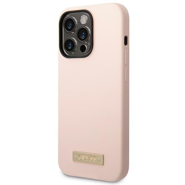 Силиконов калъф Guess GUHMP14LSBPLP Logo Plate MagSafe за iPhone 14 Pro6,1", розов