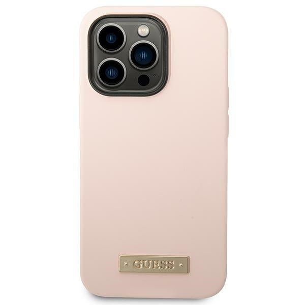 Силиконов калъф Guess GUHMP14LSBPLP Logo Plate MagSafe за iPhone 14 Pro6,1", розов