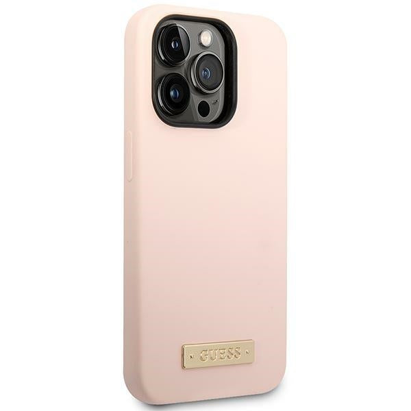 Силиконов калъф Guess GUHMP14LSBPLP Logo Plate MagSafe за iPhone 14 Pro6,1", розов