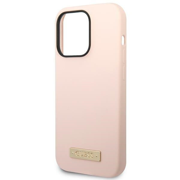Силиконов калъф Guess GUHMP14LSBPLP Logo Plate MagSafe за iPhone 14 Pro6,1", розов