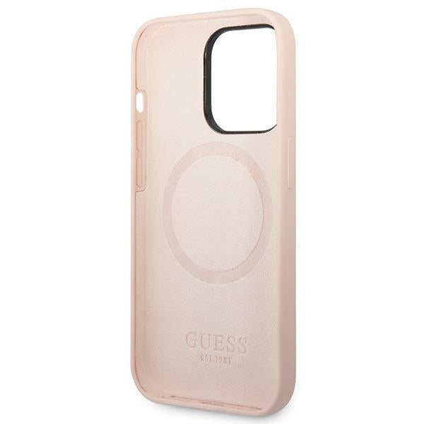 Силиконов калъф Guess GUHMP14LSBPLP Logo Plate MagSafe за iPhone 14 Pro6,1", розов