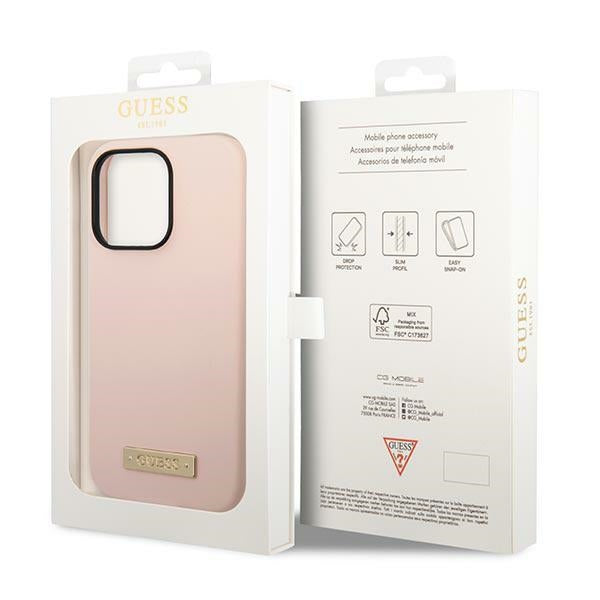 Силиконов калъф Guess GUHMP14LSBPLP Logo Plate MagSafe за iPhone 14 Pro6,1", розов