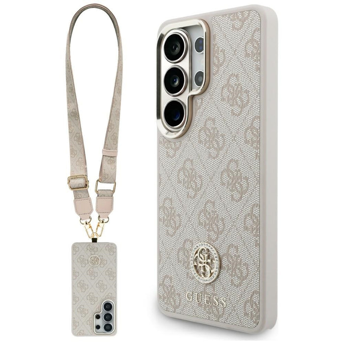 Калъф Guess Big Rhinestone Triangle Strap MagSafe за Samsung Galaxy S26 Ultra, розов + каишка