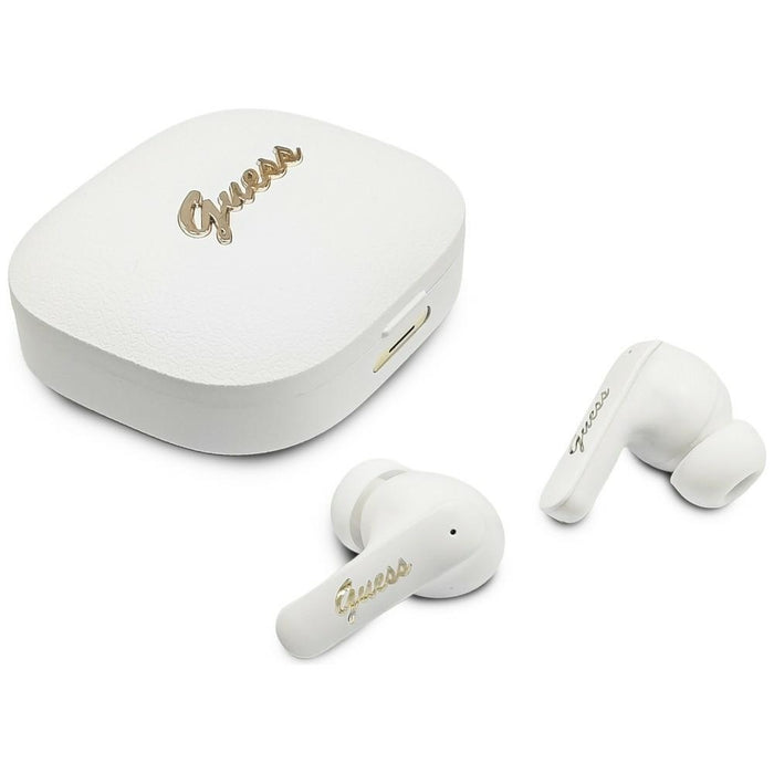 Слушалки TWS Guess Script Metal Logo, белые