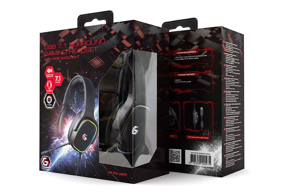 Gembird GHS-SANPO-S300 слушалки/слушалки Кабелна лента за глава Gaming USB Type-A Черен
