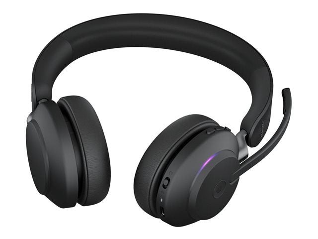 JABRA Evolve2 65 MS Стерео слушалки на ушите Bluetooth безжични USB-C шумоизолиращи черни със стойка за зареждане Сертифицирани за MS Te