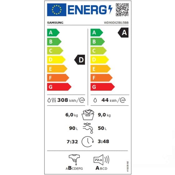 Пералня със сушилня SAMSUNG WD90DG5B15BBLE, 9/6 кг, SmartThings AI Energy, 1400 об/мин. Black