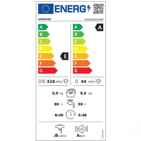 Пералня със сушилня SAMSUNG WD90DG5G34BELE, 9/5 кг, AI Ecobubble, 1400 об/мин. White