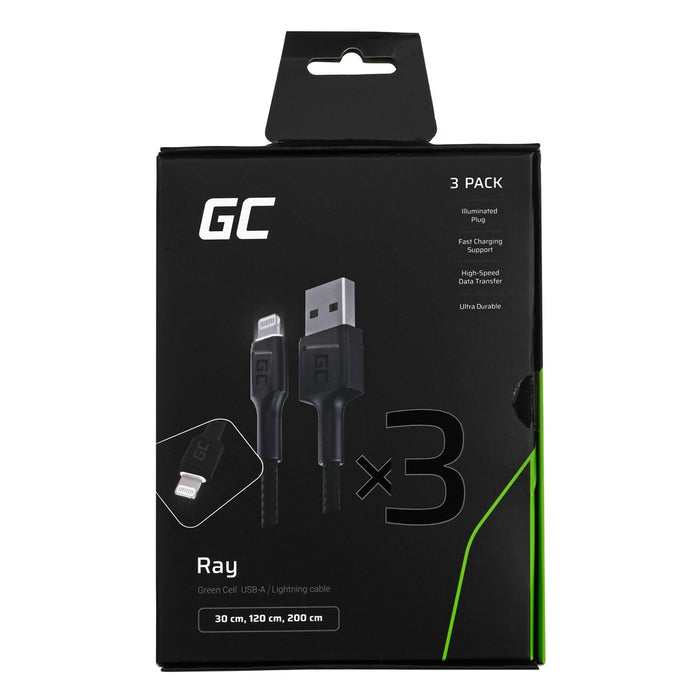 Комплект Green Cell 3x Ray Lightning Cable 30cm, 120cm, 200cm с бяла LED подсветка, бързо зареждане Apple 2.4A