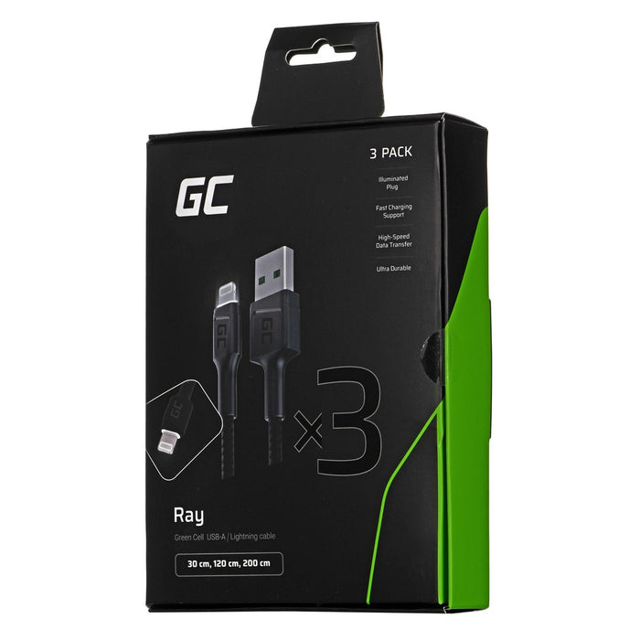 Комплект Green Cell 3x Ray Lightning Cable 30cm, 120cm, 200cm с бяла LED подсветка, бързо зареждане Apple 2.4A