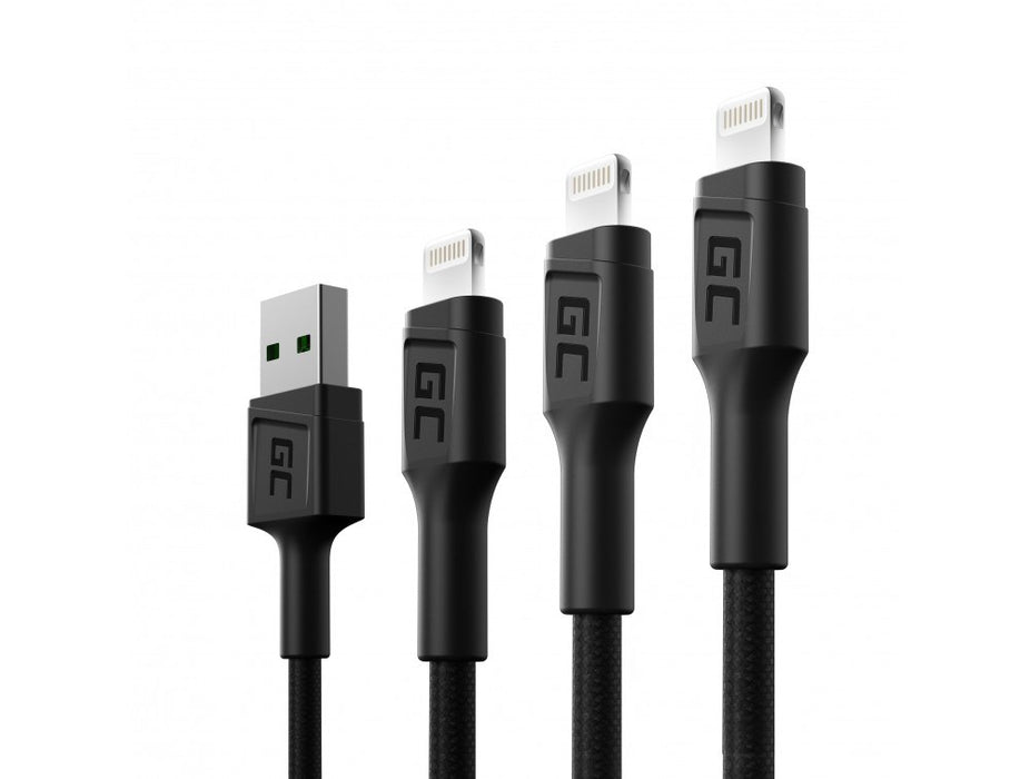 Комплект Green Cell 3x Ray Lightning Cable 30cm, 120cm, 200cm с бяла LED подсветка, бързо зареждане Apple 2.4A
