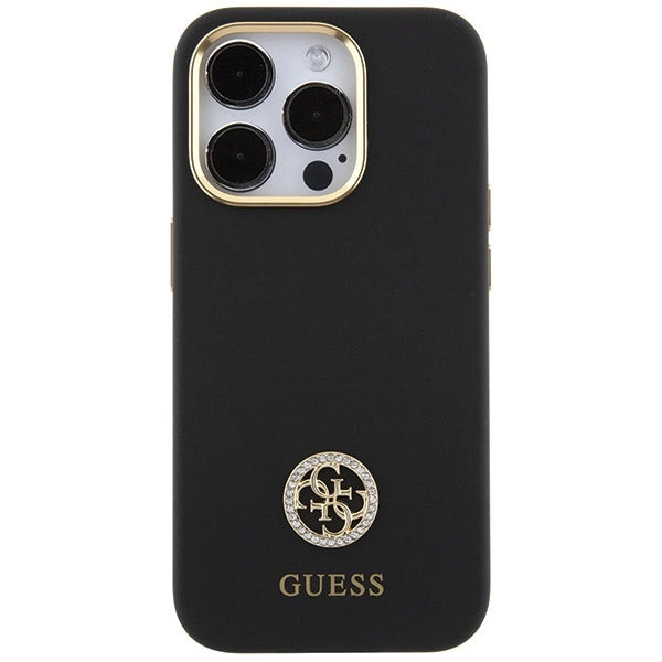 Силиконов 4G калъф Guess Logo Strass за iPhone 15 Pro - черен