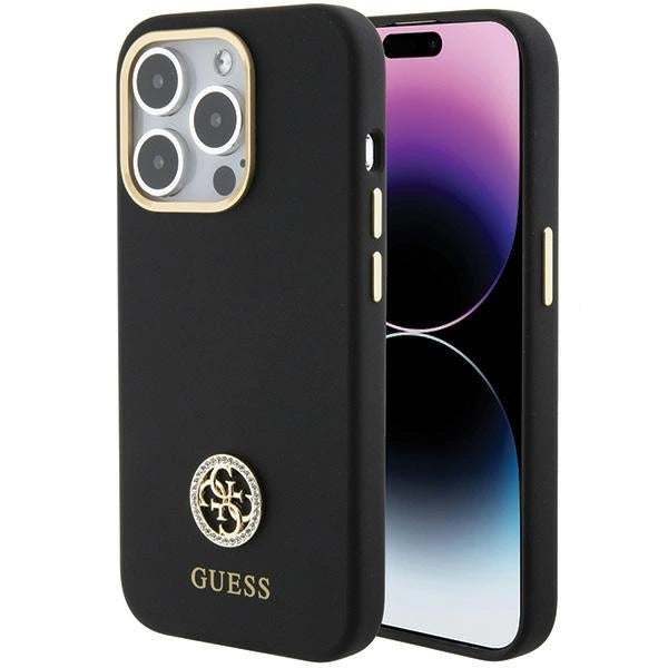 Силиконов 4G калъф Guess Logo Strass за iPhone 15 Pro - черен