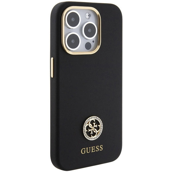 Силиконов 4G калъф Guess Logo Strass за iPhone 15 Pro - черен