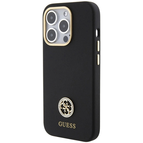 Силиконов 4G калъф Guess Logo Strass за iPhone 15 Pro - черен