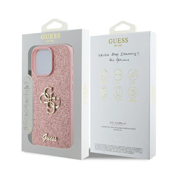 Голям 4G калъф Guess Fixed Glitter за iPhone 16 Pro - розов