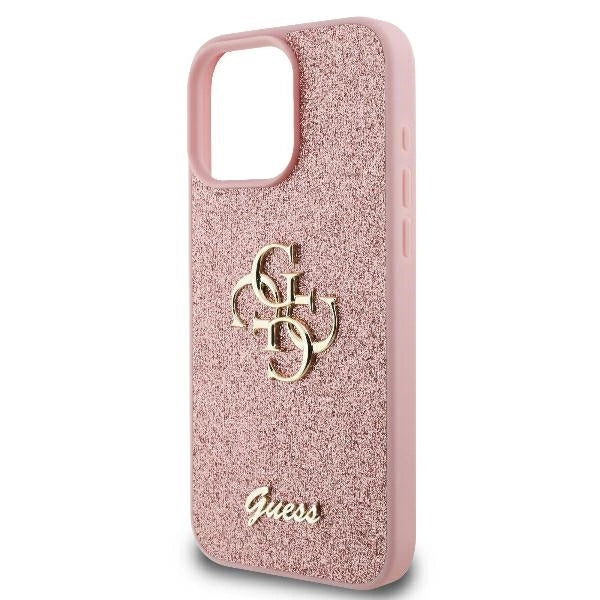Голям 4G калъф Guess Fixed Glitter за iPhone 16 Pro - розов