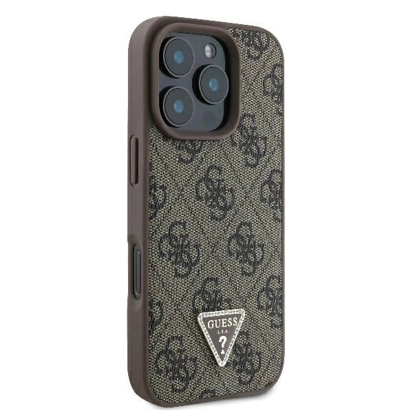 Кожен калъф Guess 4G Triangle Strass MagSafe за iPhone 16 Pro Max - кафяв