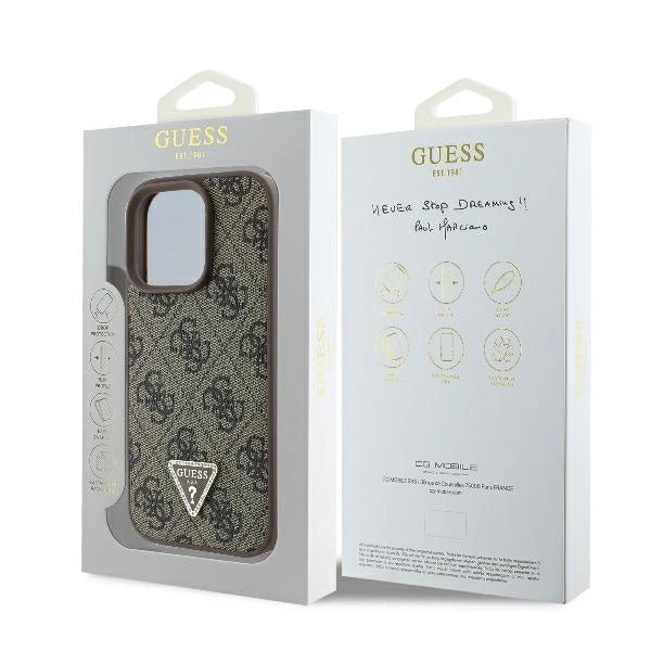 Кожен калъф Guess 4G Triangle Strass MagSafe за iPhone 16 Pro Max - кафяв