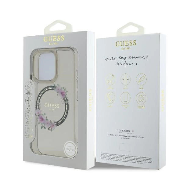 Калъф Guess IML Flowers Wreath MagSafe за iPhone 16 Pro - черен