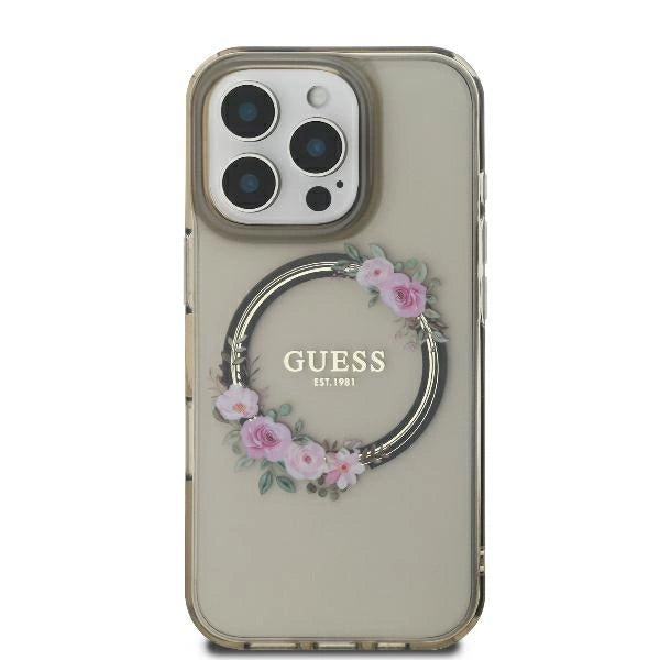 Калъф Guess IML Flowers Wreath MagSafe за iPhone 16 Pro - черен