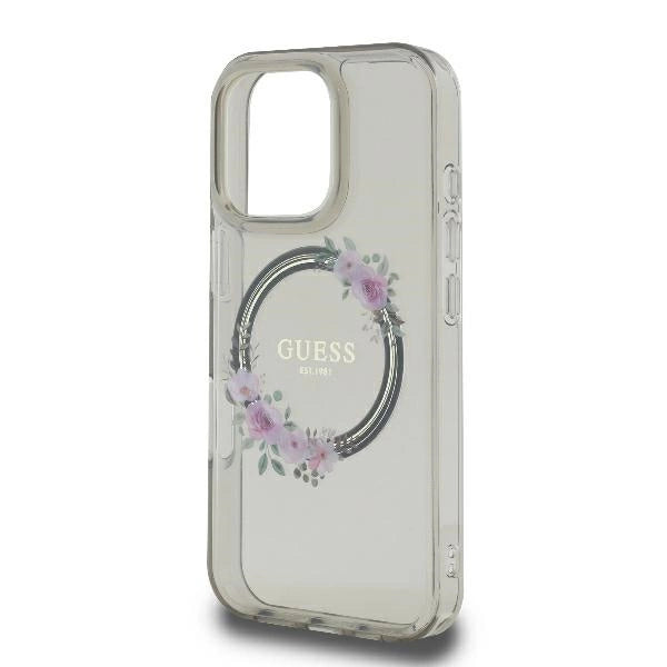 Калъф Guess IML Flowers Wreath MagSafe за iPhone 16 Pro - черен